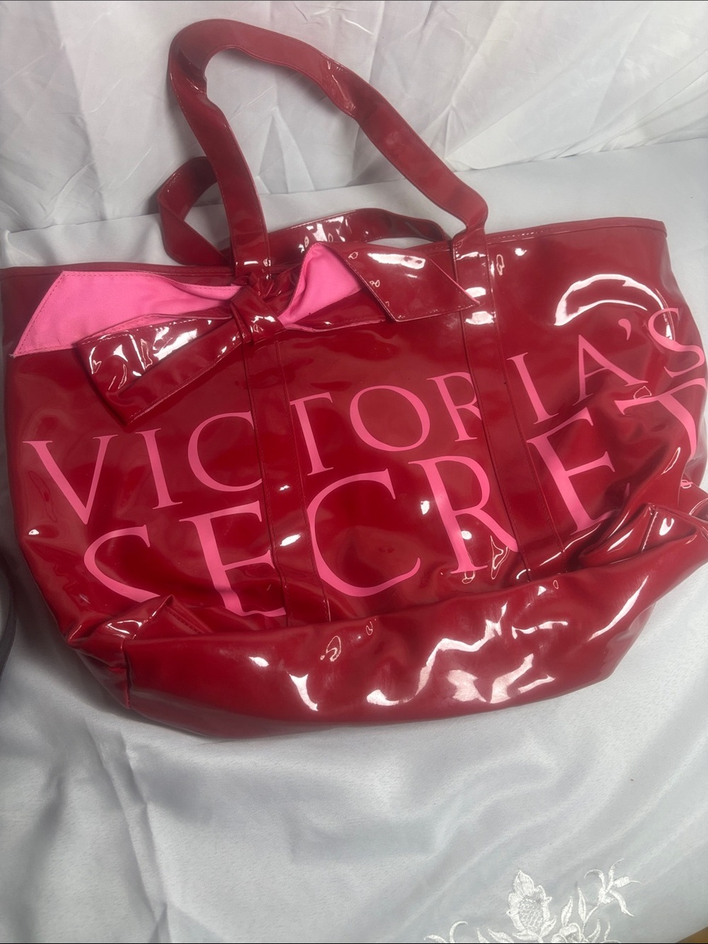 Victoria's Secret Red Patent Tote with Pink Logo Bow Accent